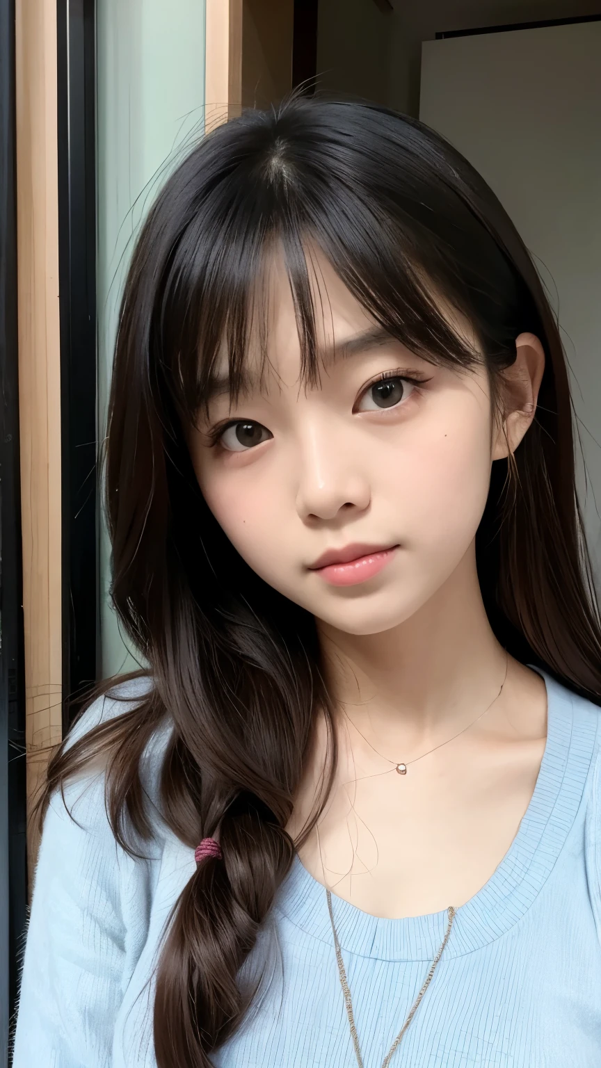 ((Highest quality)), ((Photo quality)), (detailed), Perfect Face，12 years old,Upper Body，Thin arms,White skin,bed,Pink camisole