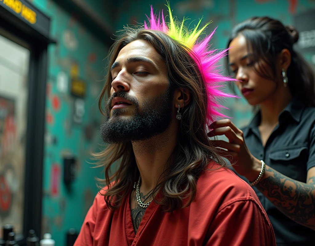 We need an image of Jesus getting his hair done like punk hair