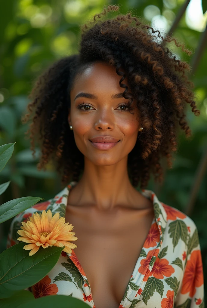 A Brazilian woman in a lush tropical garden, wearing an open shirt with a floral print, with a close-up capturing the harmonious beauty between her breasts and the natural flowers, showing off your natural charm and outgoing personality.