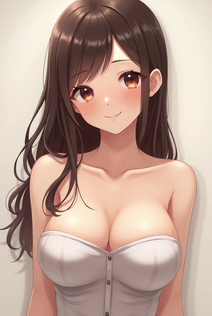 One person, Large Breasts, Large Breasts, smile, High resolution, Anatomically correct, Shortcuts, Brown Hair, Japanese women、2，Cute Japanese Idols、Cropped tube top、No shoulder straps、Narrow top