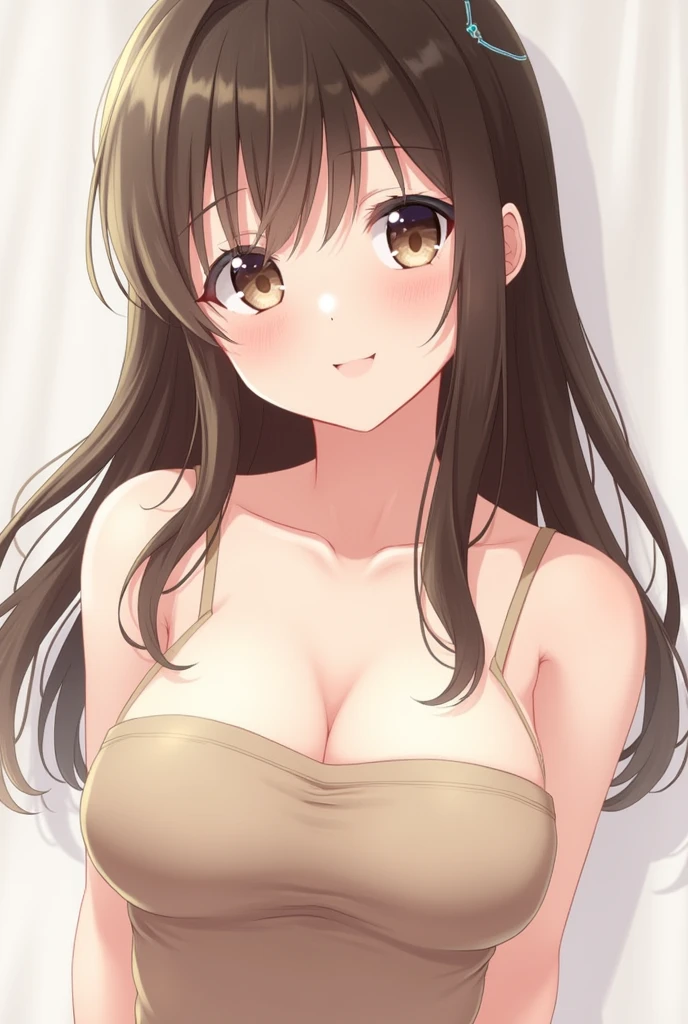 One person, Large Breasts, Large Breasts, smile, High resolution, Anatomically correct, Shortcuts, Brown Hair, Japanese women、2，Cute Japanese Idols、Cropped tube top、No shoulder straps、Narrow top