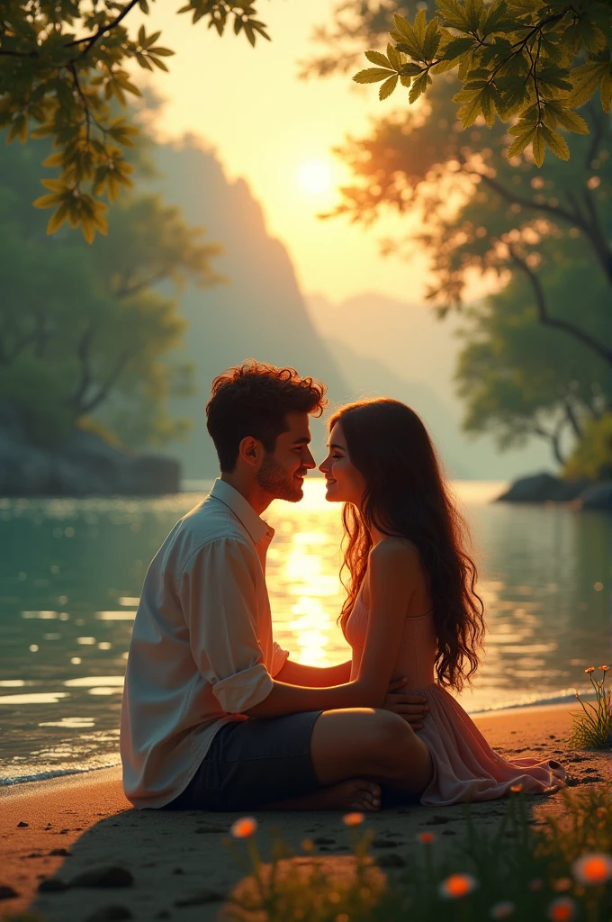 In evening lovers sitting in a river beach