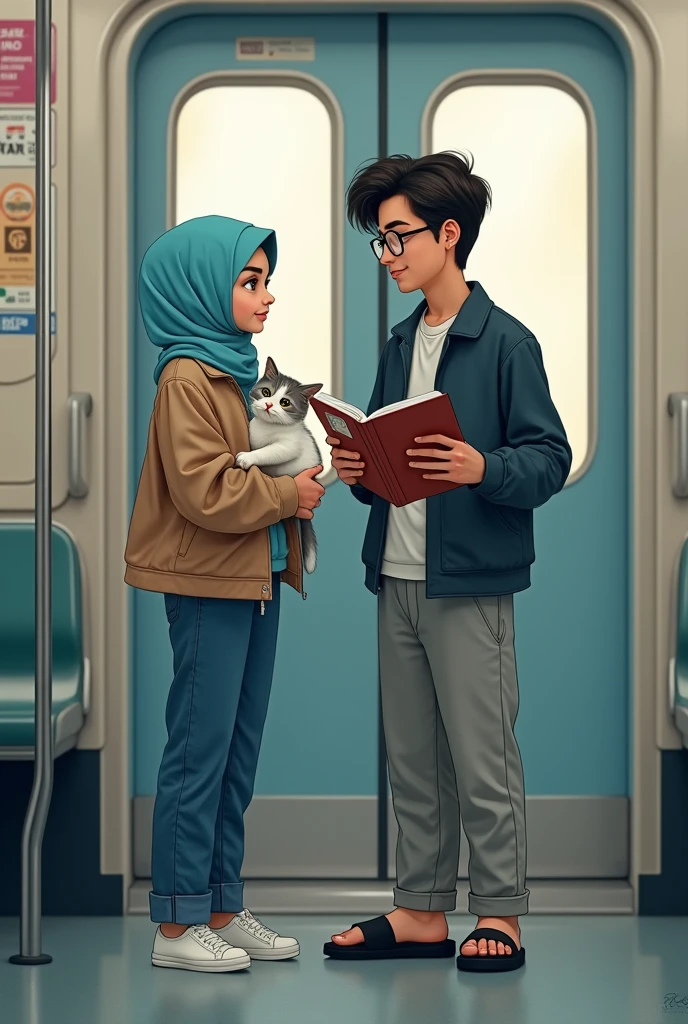 Une fille avec hidjab stylé bleue ciel aux yeux vert miel, avec une veste et une jean et des baskets blanches, prend un chaton blanc et gris et ragarde son amoureux.
Son amoureux a une tête rectangle, cheveux RASÉS et une barbe trés légère et porte des lunettes carrées avec des SANDALES noires, un pantalon large gris et une chemise et il lit un livre sur l'électronique
Je précise il porte une CHEMISE chemise
il est débout avec des sandales
Dans un métro