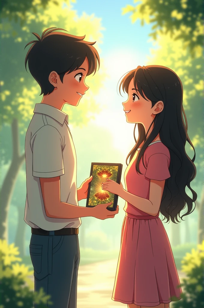 Give me a picture of a anime Boy Name is Rudranil and girl Srijani handing picture