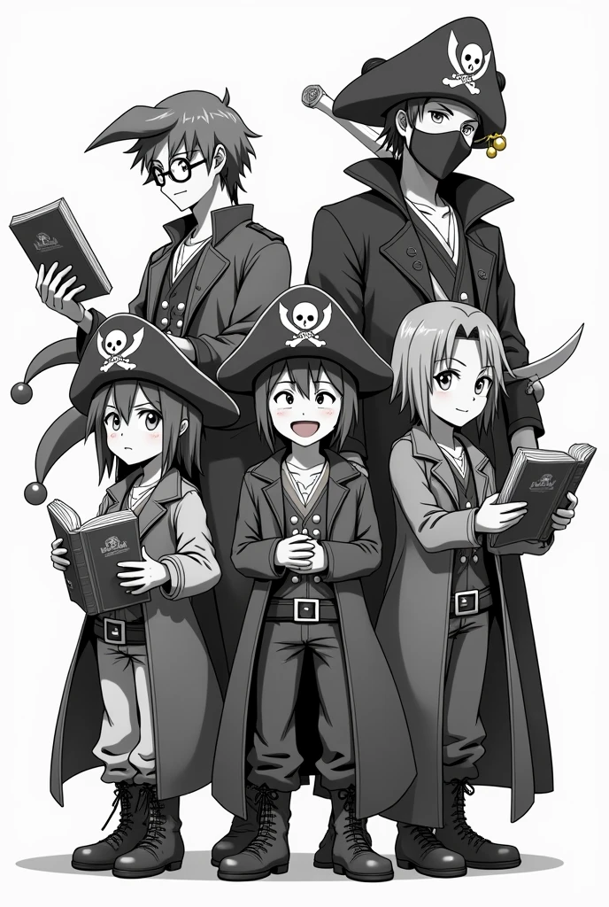 Make FIVE jolly Rogers in anime style only in Black, White and shades of Grey in only one picture: The first with round glasses and a book, The second with a jester hat and bard features, the third with millitary gadgets, The fourth with a ninja mask and The fifth looks like a pirate king.