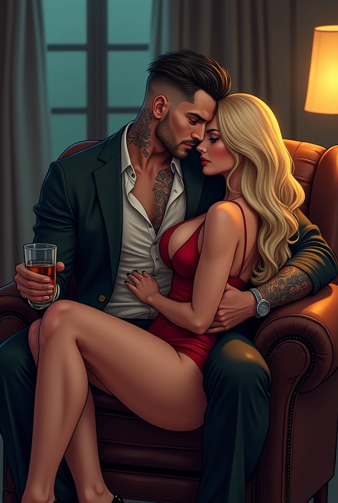 Man sitting in a leather armchair in a night room holding a glass of whiskey. he has tattoos on his neck and arm, his hair is shaved in a business style he has grey green eyes and is wearing an elegant designer suit and his white dress shirt has three buttons open revealing his tattooed chest. On top of him is a woman in a short, sexy, red nightgown. She is a blonde woman with a magnificent body and wears black heels., the two are almost kissing in a sensual way ( the woman has no tattoos her body is clean (Carton image