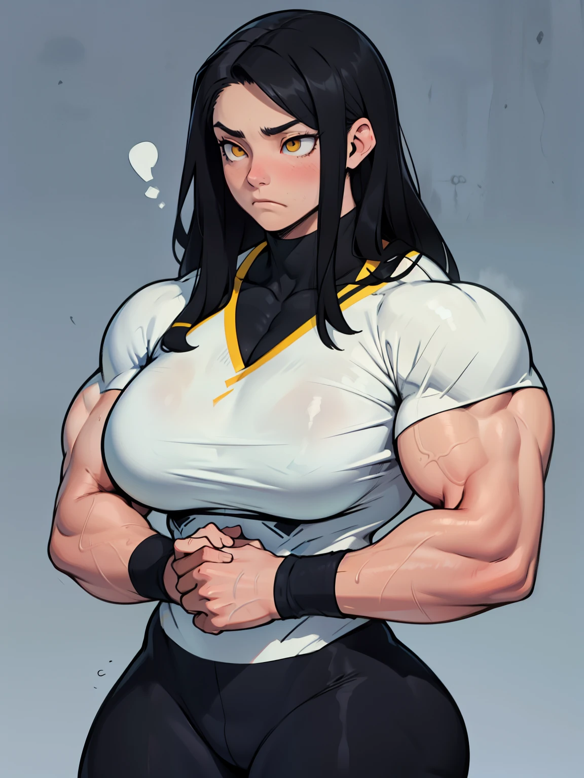 massive breasts huge breasts ((((muscular girl)))) ((((muscular girl)))) ((((muscular girl)))) toned body long hair black hair yellow eyes pale skin serious look empty eyes sad frown embarrassed embarrassed embarrassed embarrassed