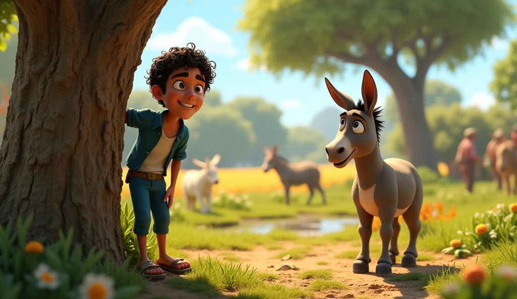 Washerman is a male, 40 years old with dark brown eyes, curly hair. He has a sneaky grin, wearing a blue-themed shirt and pants with brown sandals, hiding behind a tree. In the background, a nearby field with farmers working. The washerman is watching as people notice the disguised donkey. Pixar 3D style.