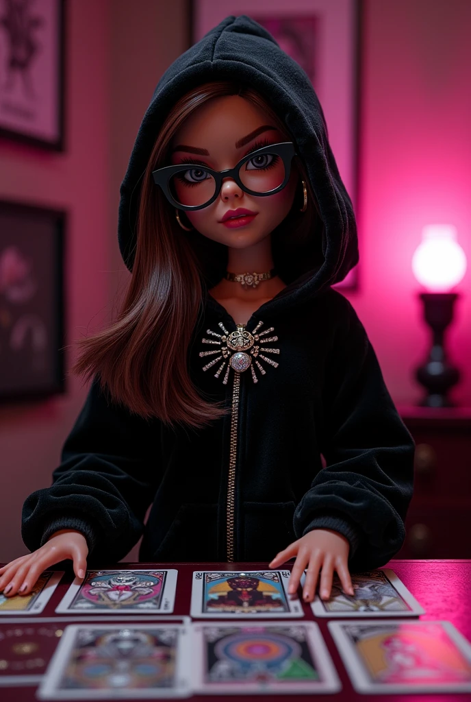 bratz in black Big Bling Velour Hoodie , without bangs in round glasses with brown hair, in front of her on the a lot of tarot card table. There is a dark atmosphere around. There is a pink night light on the table that makes the room pink