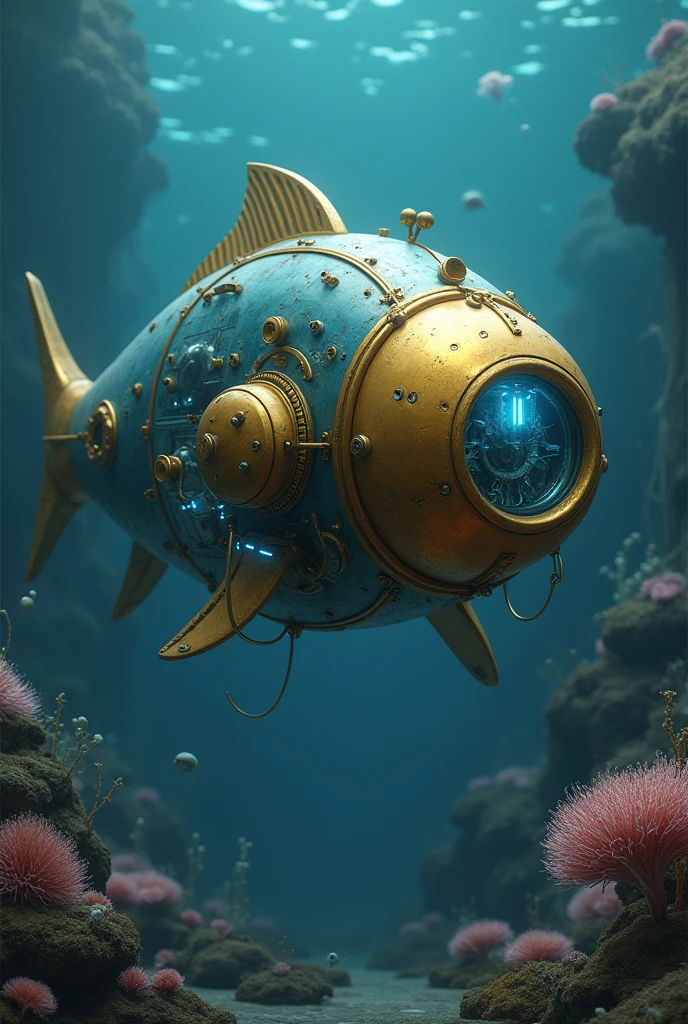    ( perfect anatomy )  High-tech futuristic mechanical creature with a bright brass head and a transparent window(Mechanical big fish ) Steampunk submarine underwater submarine in deep sea futuristic style transparent window(Partially transparent design lets you see the inner workings)

                    High level of image quality, Super detailed, submarine, Fantasy science fiction movie surreal scene bioluminescent basket fluorescent (Mechanical big fish )Dark blue deep seabed, various long magical seaweeds, soft-feeling sea anemones, ethereal mysterious creatures, intricate dynamic close-up background, Delicate and surreal science fiction art aesthetic light and shadow movie special effects high resolution image surreal texture high resolution,

                        Digital painting, Delicate and dynamic rendering, super high quality, masterpiece, Super detailed, Highest quality animation style high definition presentation