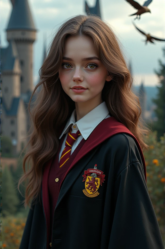 Beautiful girl with thick brown hair, Large, round, shiny, black eyes, Long eyelashes,dimple,white skin, cute smile ,realistic, high resolution, 1 woman, single,  Viewers Viewers, (detailed face), Hogwarts uniform, Hawks, Gryffindor，black stockings