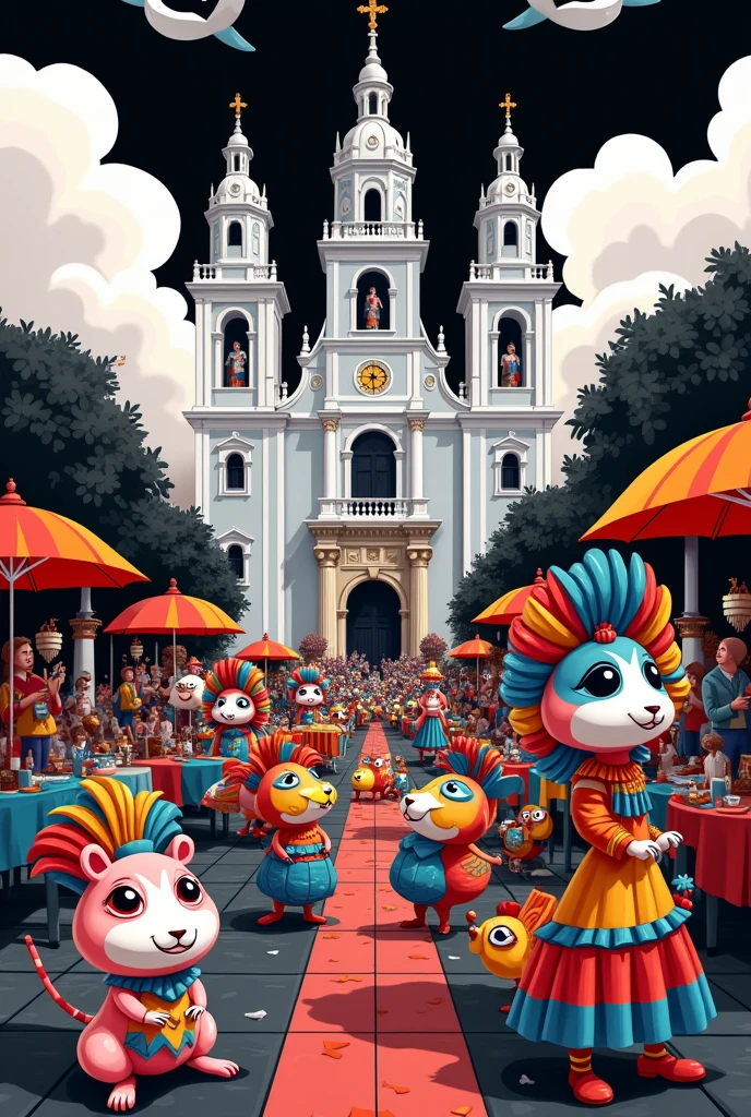 He acts as a graphic designer and creates a vibrant design for the Black and White Carnival parade in the Plaza de Pasto, with traditional carnival figures, colorful masks and decorated guinea pigs, while in the background you can see the majestic Sanctuary of Las Lajas.