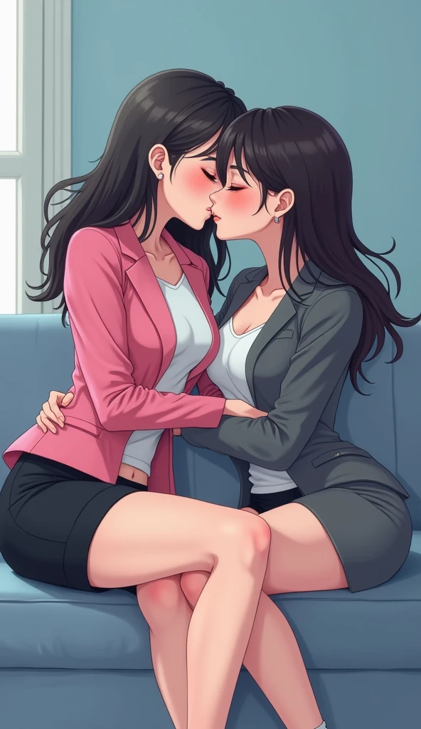Two girls, long black hairs, yuri, lesbian.

The first girl wear a pink suit jacket, white shirt, black pencil skirt, black underpants, black tights, white socks.

The second girl wore a grey suit jacket, white shirt, black pencil skirt, black underpants, black tights, white socks.

french kiss, lesbian kiss, hugging, sensual body, sitting on the sofa, used one hand touch on the black underpants, reached finger into ?????, closed eyes, light blue living room, novel cartoon, 4K, HD