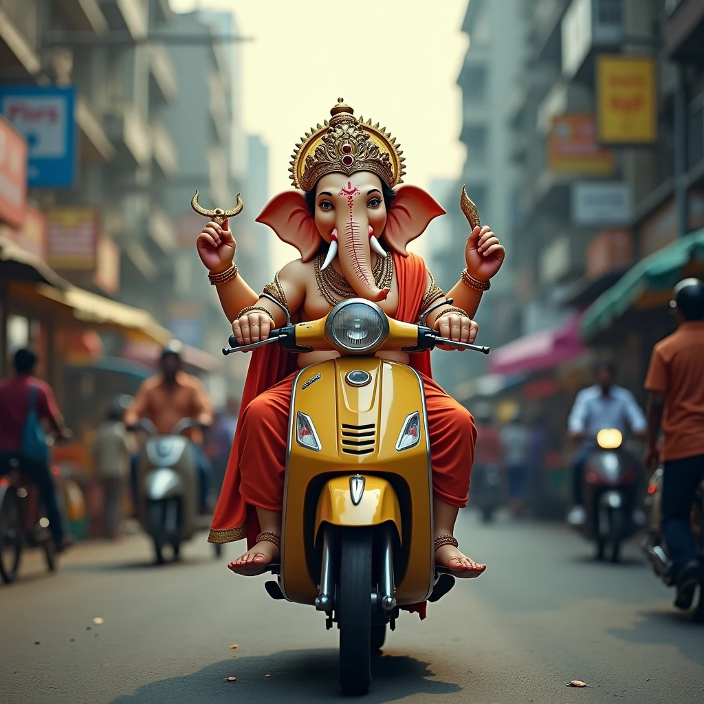Indian god Ganesh driving a Scooter on the streets of mumbai city, very realistic, highly detailed, 8k