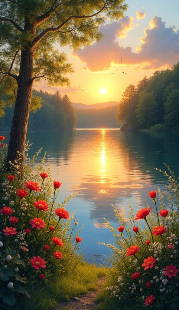 impressionist painting on canvas, sunset by the lake, beautiful scenery with flowers and nature, in the style of impressionist masters, aestheic colors, trending on art station , 8k render