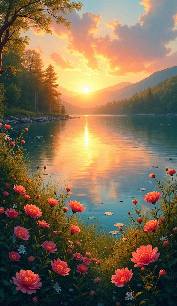 impressionist painting on canvas, sunset by the lake, beautiful scenery with flowers and nature, in the style of impressionist masters, aestheic colors, trending on art station , 8k render