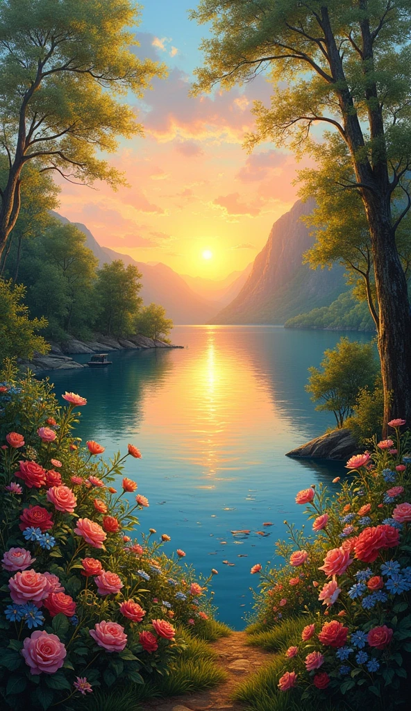 impressionist painting on canvas, sunset by the lake, beautiful scenery with flowers and nature, in the style of impressionist masters, aestheic colors, trending on art station , 8k render