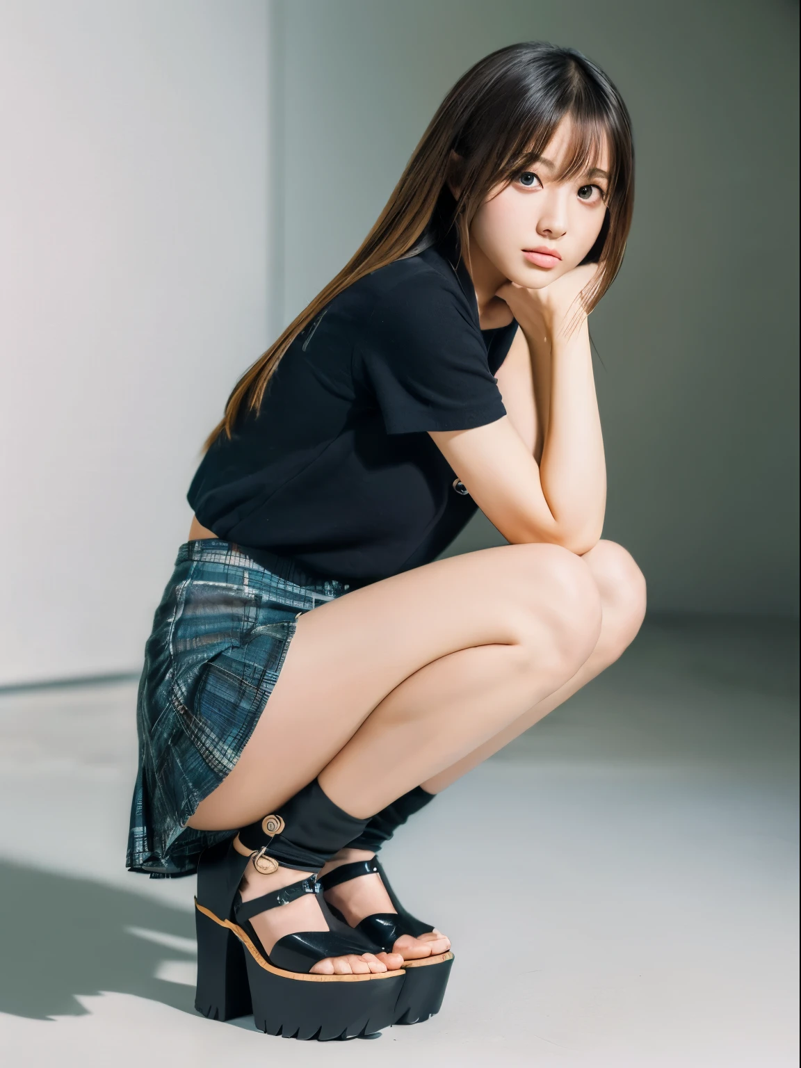 (8k, Top quality, Masterpiece:1.2), (Realistic, photo-realistic:1.37), Super detailed, perfect anatomy, cute, small eyes, 1, a Japanese, girl, mini skirt, slim legs, heels, squatting,