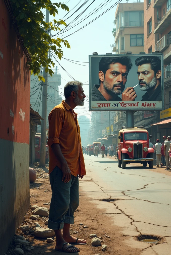 crowded and cracked indian road with small potholes with mud in it and a poor labourer spitting on a wall and a bill board with indian actor ajay devgn spitting vimal 