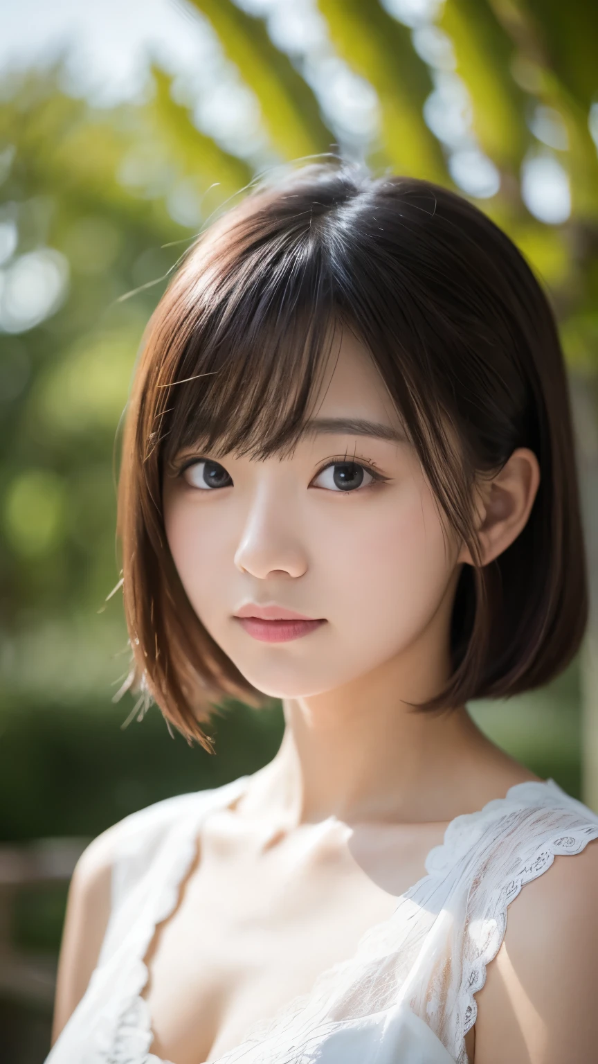 Portraiture、masterpiece:1.3、one person's、、Natural look、very cute、Brown Hair、Short Bob、Small red earrings、Fuller lips、No makeup、White T-shirt、Focus on the face、最high quality、High resolution、Very detailed、high quality、Detailed explanation、8k、(((Blurred Background、White wall、White Background、White world、Flower illustration、Flower illustrationの壁、壁にFlower illustration、Flower illustrationが描いてある壁、Photo studio:1.5、Cinema Lighting、Professional Photographer)))