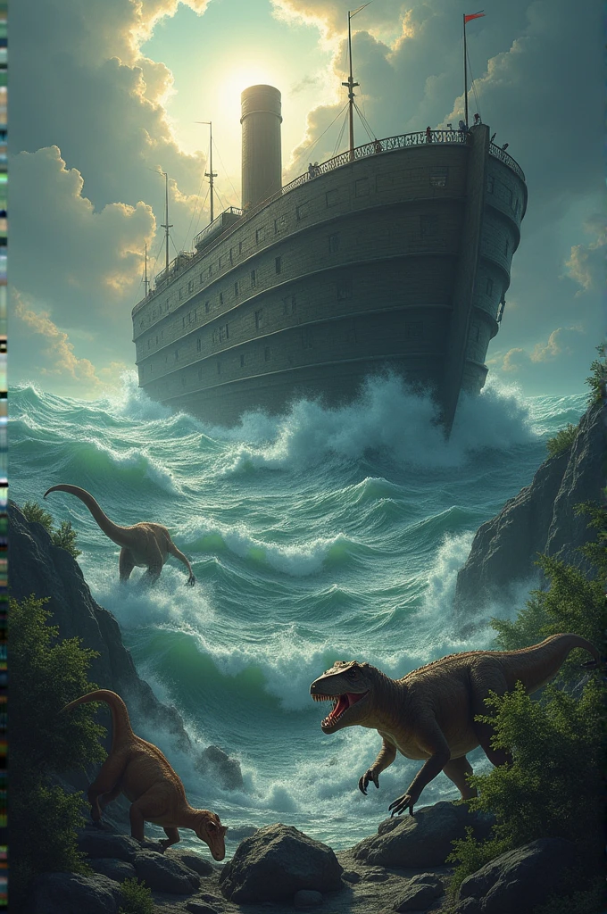 Noah's ark in the flood, and the dinosaurs drowning.
