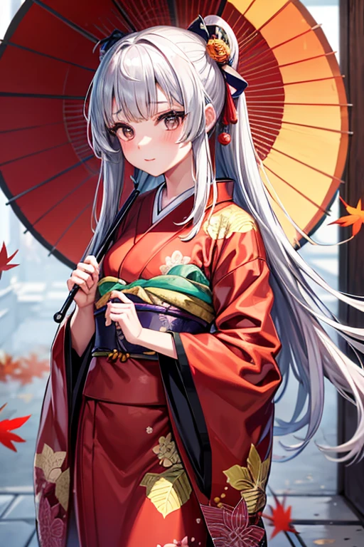 A girl in a vibrant Japanese kimono, silver hair, long hair, Japanese umbrella, autumn leaves, fallen leaves
