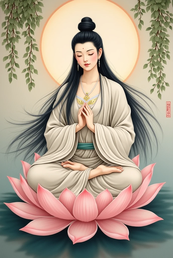 Painting a picture of Avalokiteśvara Bodhisattva wearing white han clothes, holding a willow branch, sitting on a lotus, white skin, long black hair.