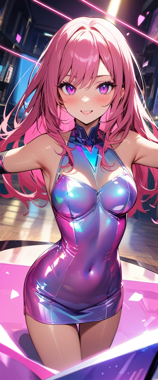 Highest quality、High resolution、Detailed Background、Beautiful face in every detail、Detailed facial expressions、Beautiful women in their 20s、Brightly colored hair、Long Hair、Wavy Hairstyle、Cute Eye Makeup、Cute Lip Makeup、Perfect body line、Vibrant、(Beautiful woman dancing in a holographic laser dress under the lights:1.5)、
Dance to the rhythm with relaxed steps to impress.、Eyes that everyone admires、Bodycon Dress、It's also a good idea to incorporate glamorous details such as lace and metallics.、Add subtle accents with necklaces, earrings, rings, etc.、very beautiful