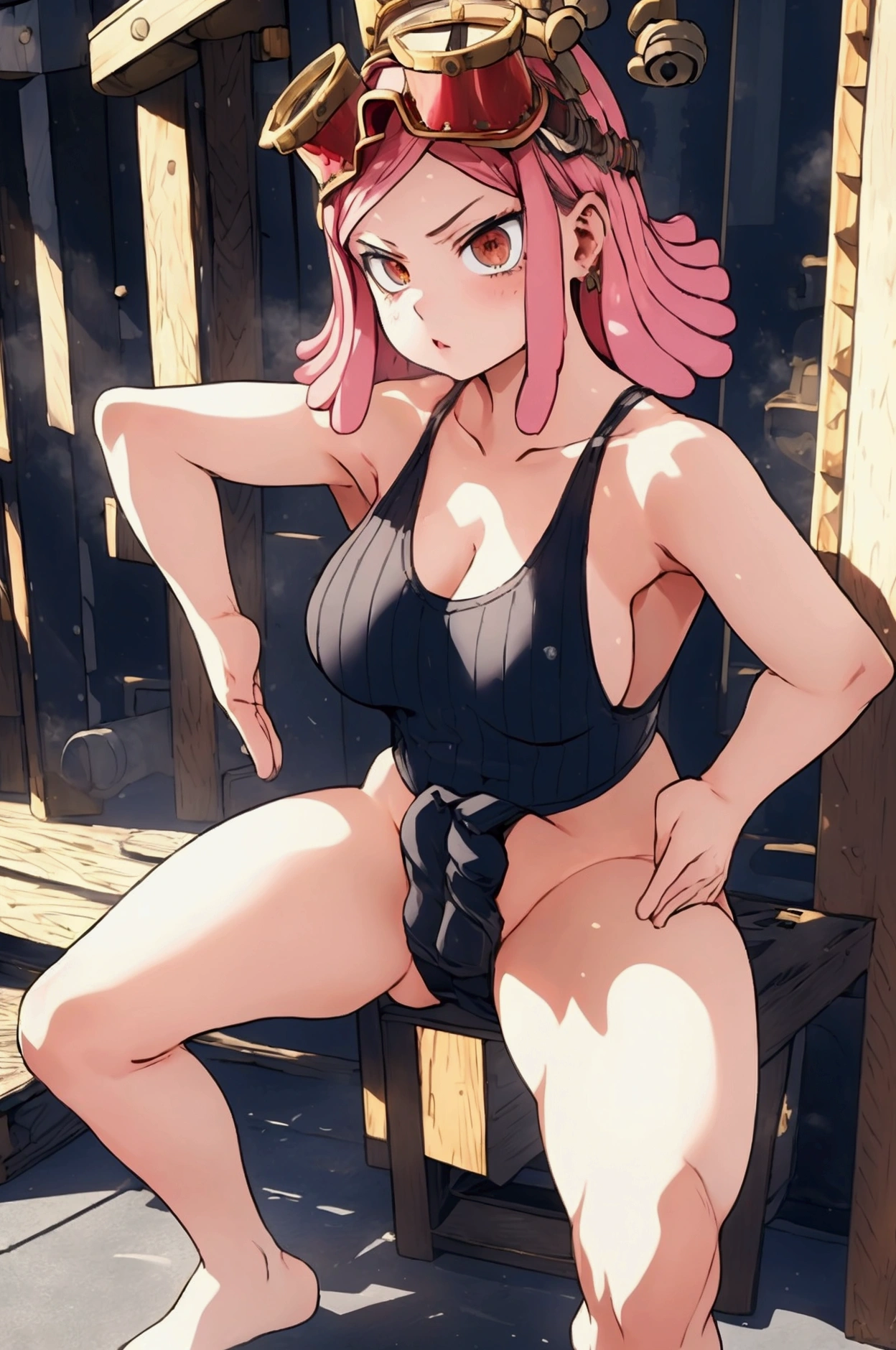 ((Front view))、((Hatsume Mei )),(Pink Hair)、(short hair)、(Black tank top)、(Put goggles on your head)、((Haigure)),((Squat))、((Leg spread))、(True to prompts)、(upscale)、(Glaring with sharp eyes)、(Super big breasts),(Busy Street)、(Many people々々々々々々々々々々々々々)、(sunny)、(blue sky)、(Best lighting)、{{{Browsing Caution}}}、{{{masterpiece}}}, {{{Highest quality}}}, {{ultra-detailed}}, {{shape}}, {{{Very delicate and beautiful}}},{{extremely detailed CG}}、{{unity 8k portrait}}、{{Fabric Shading}}、{{super detailed skin}}、{{Perfect Anatomy}}、{{detailed}}、{{Dynamic Lighting}}、{{{beautiful detailed eyes}}}、{{{beautiful detailed Face}}}、(Perfect Legs)、(Perfect breasts)、(Perfect pose)、(Perfect body)