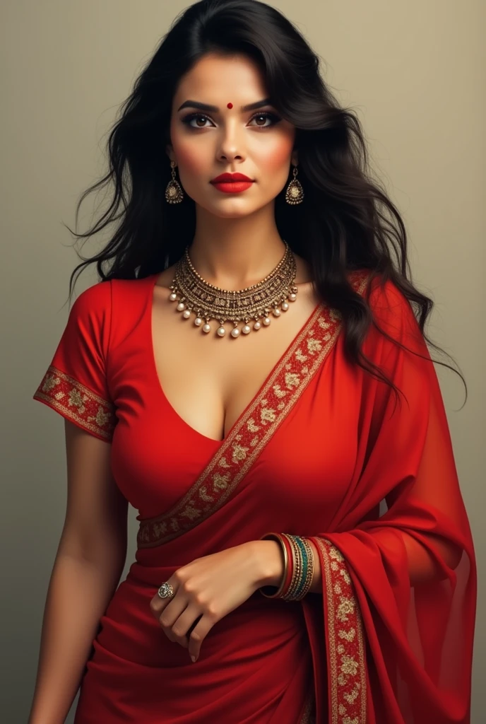 Big boob indian  woman red blouse and saree
