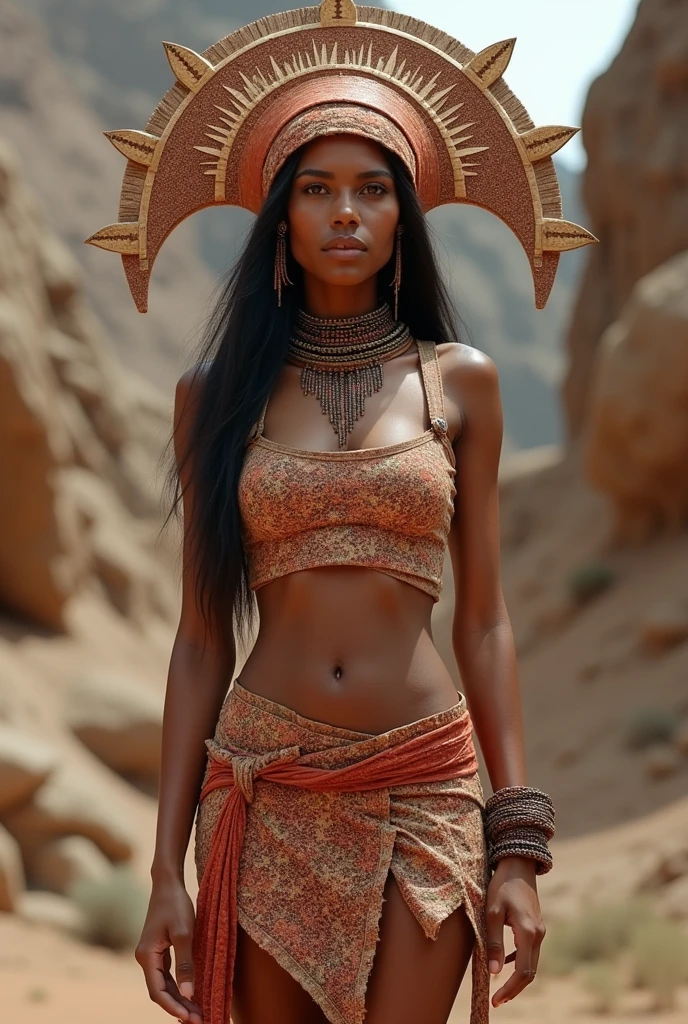 A crop top and short skirt design with a headdress inspired by current events but representing rock art in fabric