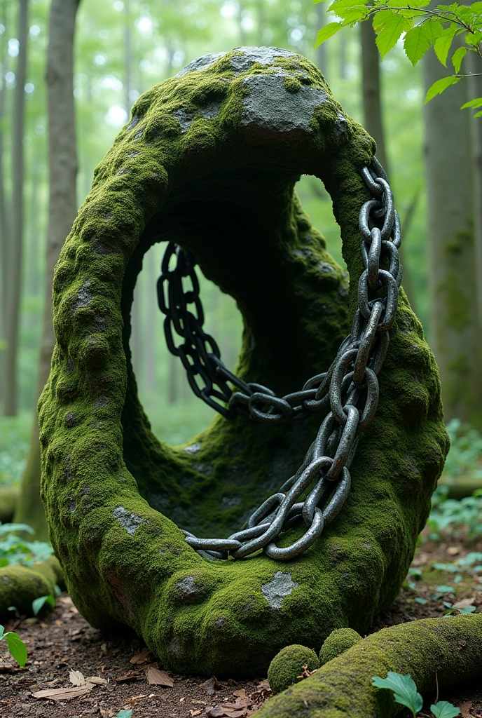 Chain Art、Surreal、Chain sculpture in the forest、Chain sculpture carved into stone、Sculpture that defies the laws of physics、Wabi-sabi art、Moss-covered sculpture、few soft green led lights generate art effect