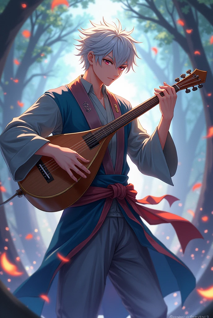 young human bard, man, white hair, short hair, lute, anime