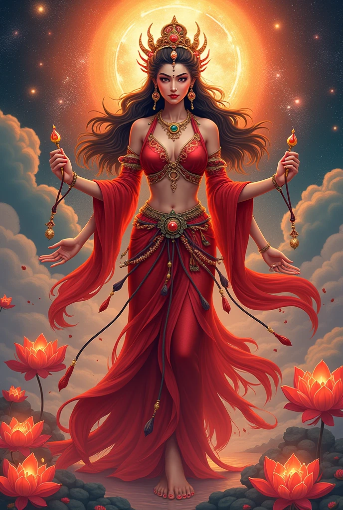 Kurukulla is a Buddhist tantric goddess embodying feminine power and magnetism. She is characterized by her red color, four arms, and her mantra "Om kurukulle hrih svaha."
Visual Elements
Color: Predominantly red, symbolizing energy and passion.
Arms: Four arms, each holding various symbolic items that represent her powers.
Expression: A fierce yet alluring expression that embodies both strength and sensuality.
Attire: Adorned in traditional ornaments, showcasing her divine status.
Symbolism
Kurukulla represents love, magic, and the ability to overcome obstacles. She embodies both nurturing and destructive aspects of femininity, making her a complex figure in Buddhist iconography.
Background
In the background, include elements that reflect her connection to the spiritual realm, such as lotus flowers, sacred symbols, or a vibrant cosmic landscape.
Additional Elements
Dakini Aspect: Incorporate elements that highlight her as a dakini, emphasizing her dynamic and sometimes mischievous nature.
Ritualistic Symbols: Add hints of ritualistic items that signify her role in love and protection.