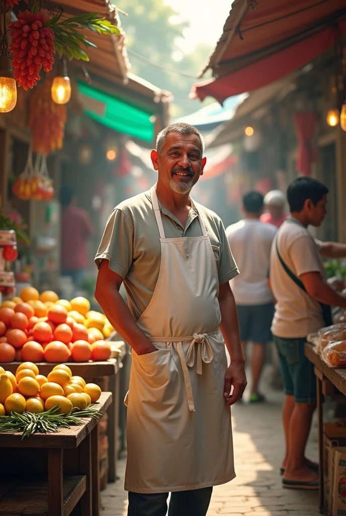Casual Filipino white man in a market with apron