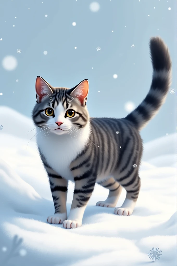 This is a picture of a cat with a white and gray coat, walking on snow. The cat's fur has a mix of dark and light gray stripes, and the face is predominantly white with some gray patches around the eyes and ears. The cat's tail is black and straight up. The background shows a snowy landscape, and the cat has some snowflakes on its back, giving it a wintery appearance. The cat's expression seems a bit serious or focused.