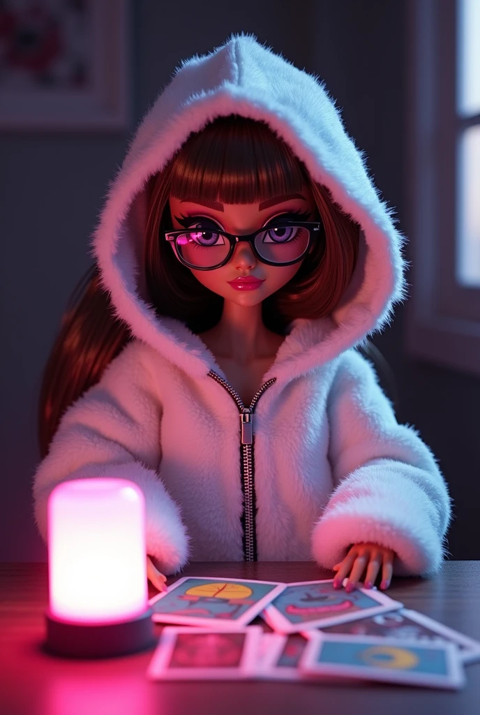 bratz in White Big Bling Velour Hoodie , without bangs in round glasses with brown hair, in front of her on the a lot of tarot card table. There is a dark atmosphere around. There is a pink night light on the table that makes the room pink