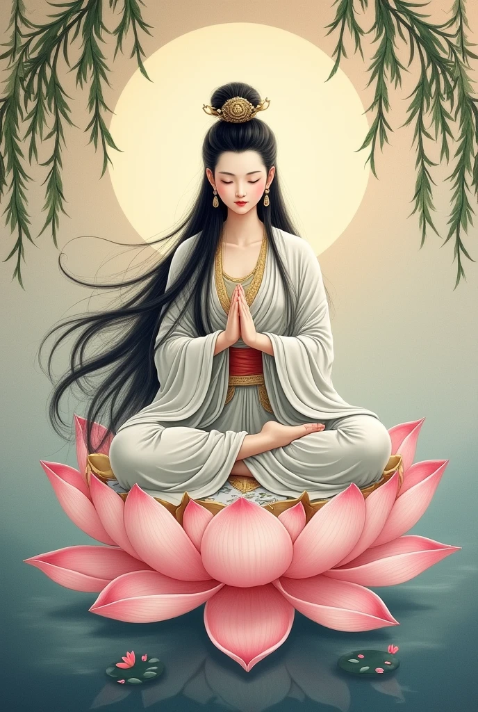 Painting a picture of Avalokiteśvara Bodhisattva wearing white han clothes, holding a willow branch, sitting on a lotus, white skin, long black hair.