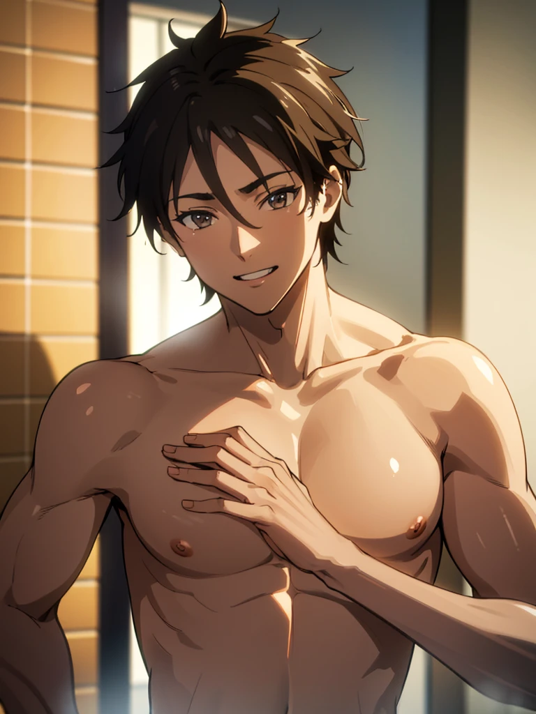 ung japanese boy, cute face, smiling, relaxed, shirtless, slim, very tanned skin, short black hair, large nipples, night, bath, washing body with sponge, shower, body soap, (best quality,4k,8k,highres,masterpiece:1.2),ultra-detailed,(realistic,photorealistic,photo-realistic:1.37),detailed skin and face, intricate details, warm lighting, soft focus, natural colors, cinematic composition