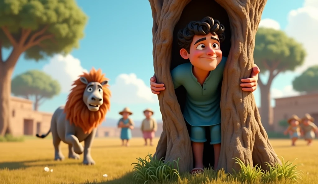 Washerman is a male, 40 years old with dark brown eyes, curly hair. He looks amused, wearing a blue-themed shirt and pants with brown sandals, hiding behind a tree. In the background, farmers running away in fear. The donkey, disguised as a lion, is munching on grass in the empty field. Pixar 3D style.