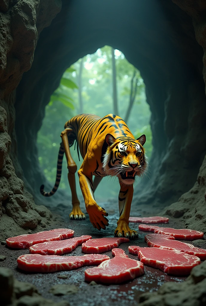 a skeletal yellow tiger in a cave filled with meat slabs, cute realistic style, forest background, highly detailed, cinematic lighting, vibrant colors, photorealistic, 8k, best quality, masterpiece