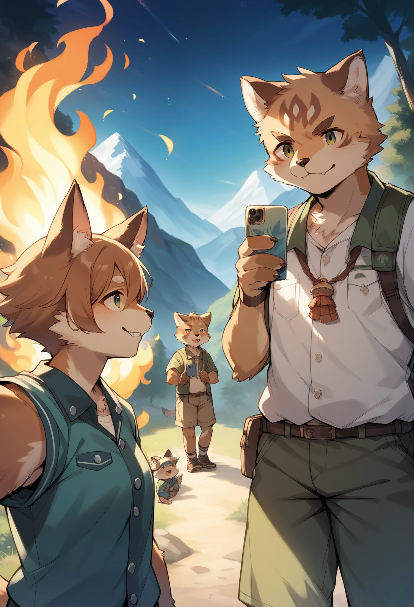 rating_safe, score_9, score_8_up, score_7_up, score_6_up, score_5_up, score_4_up, hires, source_furry(kemono, furry anthro, group shot, 1boy, 1girl)Campsite in the mountains, camp-fire, night sky(Photo of family trip)selfie,
