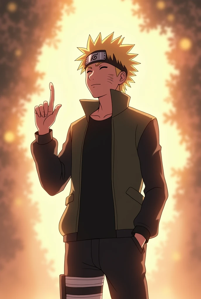 Naruto anime character, standing confidently with one finger raised, signaling a point or idea. His eyes are closed, with a calm and knowing expression on his face. He has short, spiky hair and wears a casual outfit with a fitted jacket. The background is a soft, glowing light that adds a serene and wise atmosphere to the scene. His pose is relaxed yet deliberate, giving off an aura of confidence and mystery."