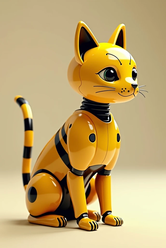 side view of a 3d pixar animation style of a yellow robot cat with black stripes on its back with robotic expression on its face