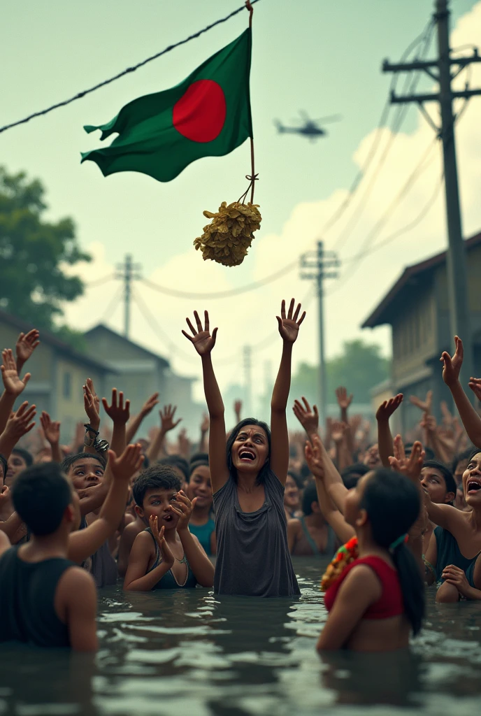 Some peoples are crying in Bangladesh due to flood, they’re asking for food, helicopters are throwing foods and hopeless crying people ar catching the foods,specially some of them waving bangladesh flag(green and red circle),aesthetic view, animation
