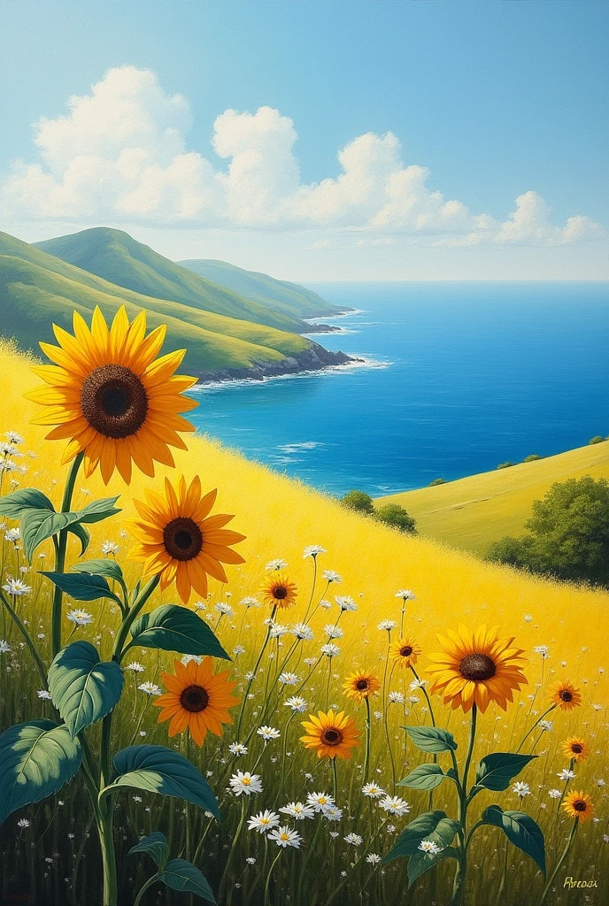 I want an oil painting that has sunflowers and small white flowers that are looking out to sea. 
