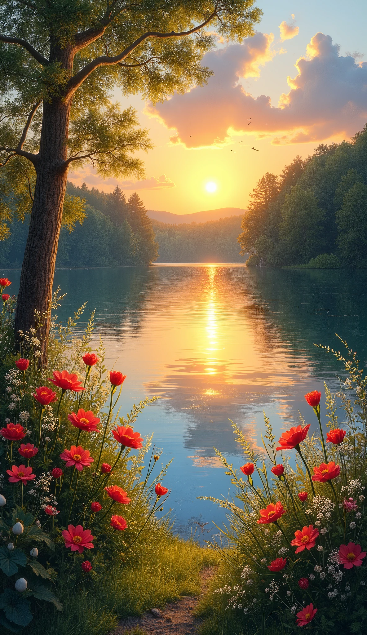 impressionist painting on canvas, sunset by the lake, beautiful scenery with flowers and nature, in the style of impressionist masters, aestheic colors, trending on art station , 8k render