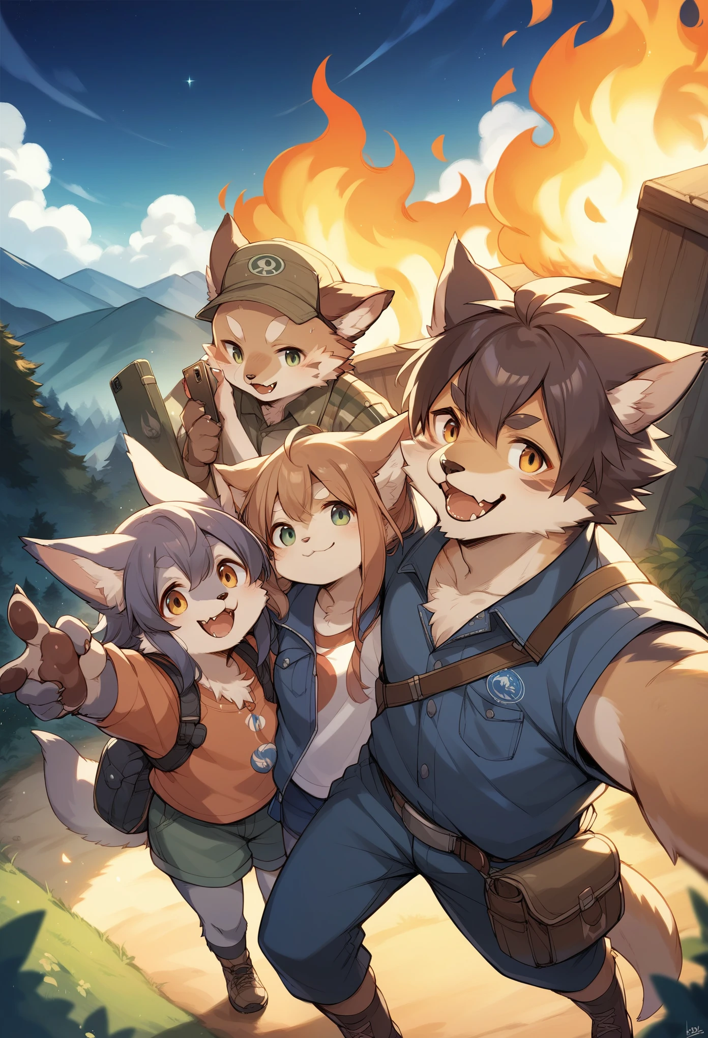 rating_safe, score_9, score_8_up, score_7_up, score_6_up, score_5_up, score_4_up, hires, source_furry(kemono, furry anthro, group shot, 1boy, 1girl)Campsite in the mountains, camp-fire, night sky(Photo of family trip)selfie,