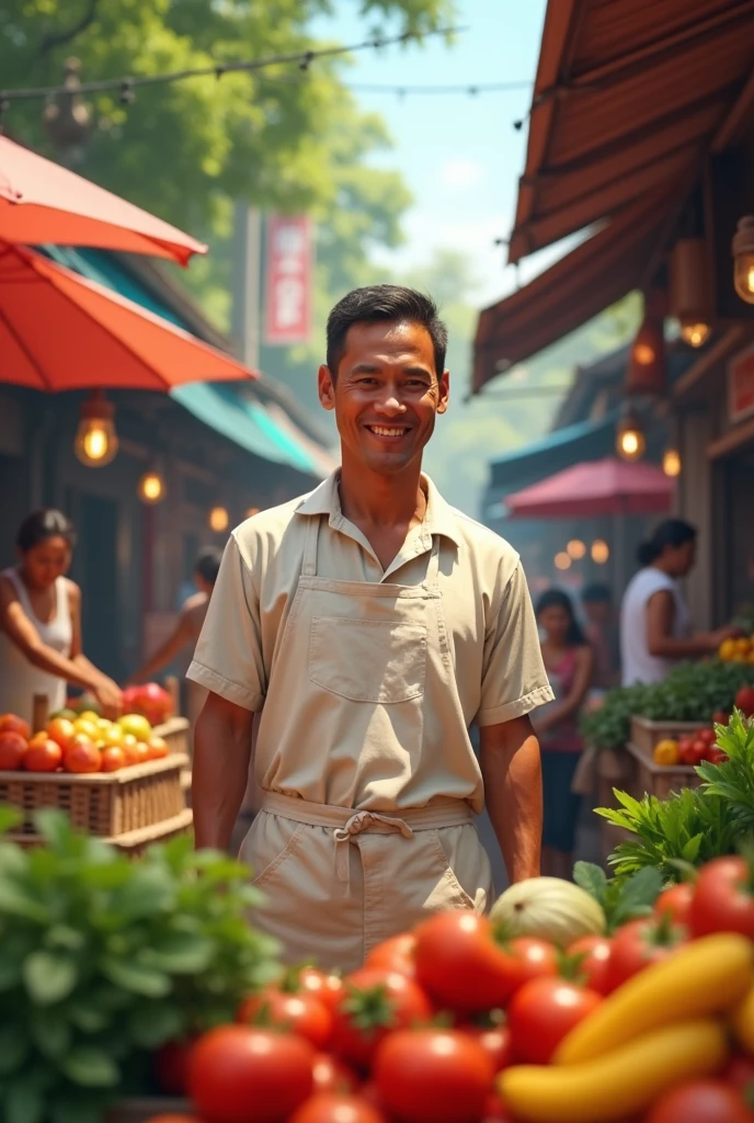 Casual Filipino white man in a market with apron