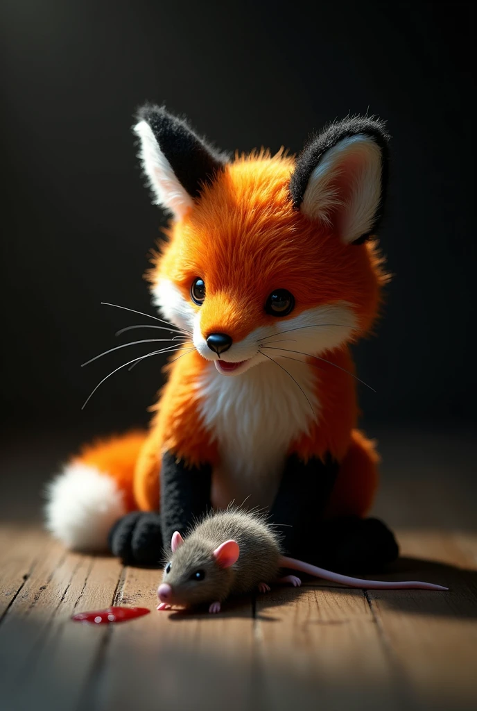There is a shadow、Photorealistic、Ultra HD、The fox is eating a mouse、stuffed toy、Front view